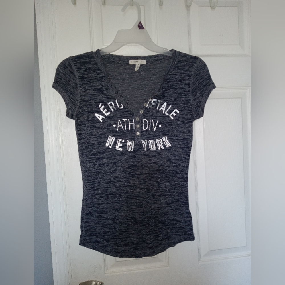 Womens button down Aeropostle shirt. Sheer material. Grey material silver letter